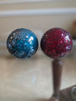 Set of 2 Red & Blue Crackle Mosaic Glass Decorative Orbs Spheres 4" Home Decor