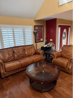 Couch, end chair, and tables