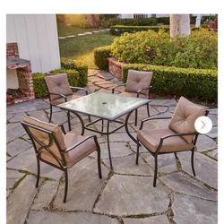 Palm Bay 5-Piece Steel Outdoor Dining Set with Copper Brown Cushions, 4 Chairs and 38 in. Square Glass Top Table