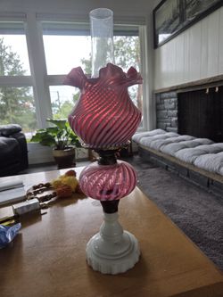 1950s Fenton By Wright Crandberry Opal Lamp $375 21 Inches Tall