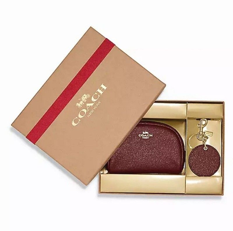 COACH BOXED DOME COSMETIC CASE & MIRROR BAG CHARM SET IN GOLD/BLACK CHERRY