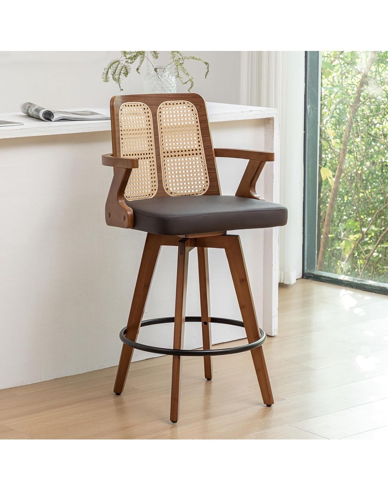 Set of 1 Swivel Counter Height Bar Stool - 27 inch Walnut Counter Stool with Cane Back, Upholstered Seat, Curved Arms, Faux Leather Bar Stool for Coun