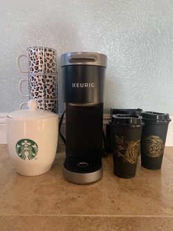 STARBUCKS COOKIE JAR @ HOT CUPS + KEURIG K MINI + NEW 4 PACK WITH STAND LEOPARD MUGS