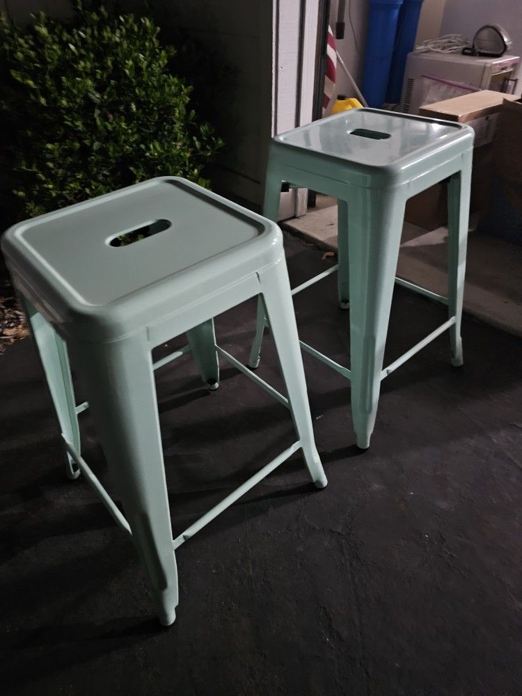 Bar Stools, Set Of 2, Industrial, Mint Green
