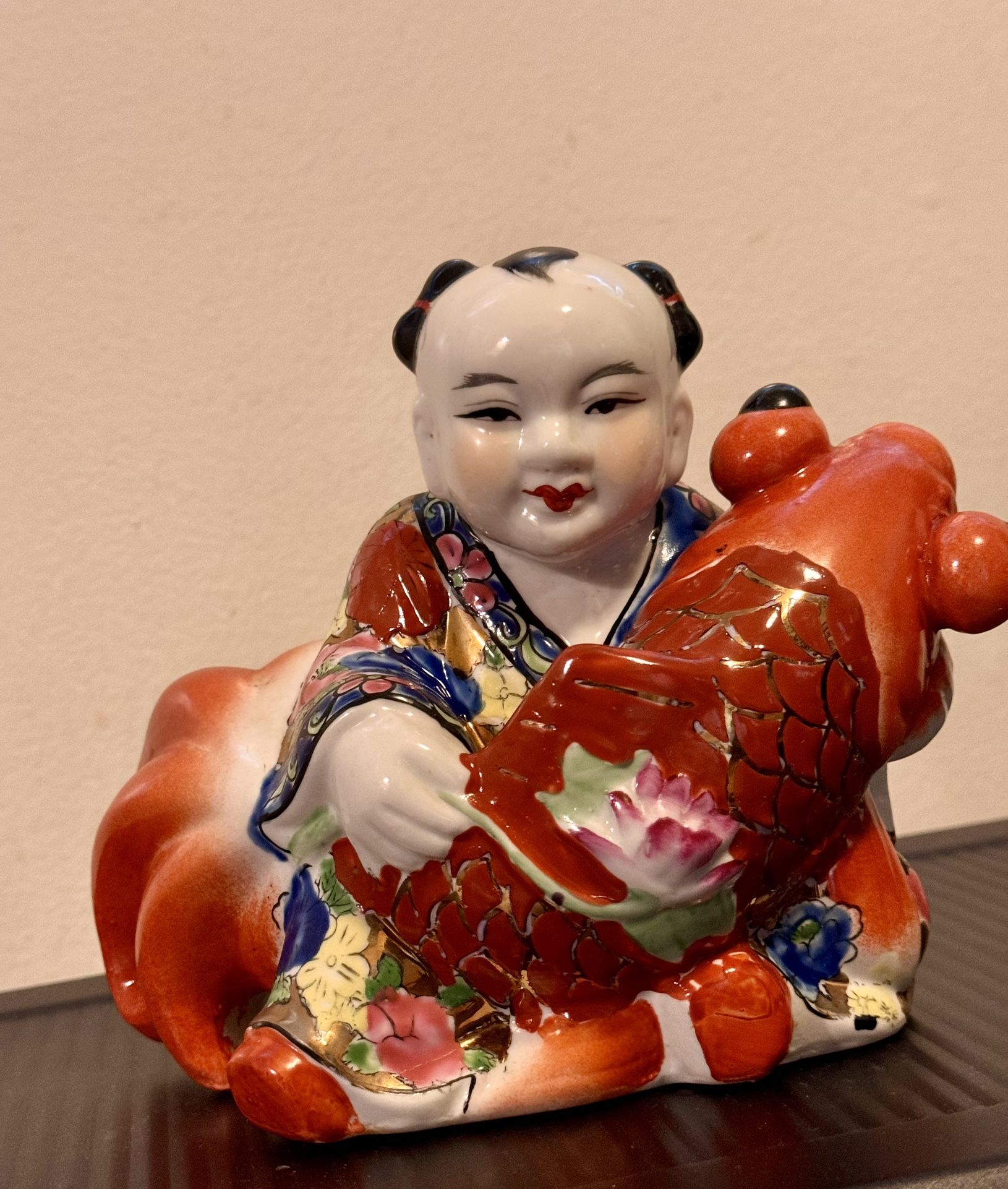  Vintage Porcelain Chinese Man holding Coy Fish & Lotus Flower Hand Painted 