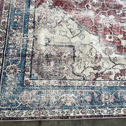 RUG. #562, Boho Retro. 8x10.  Red/Blue. 