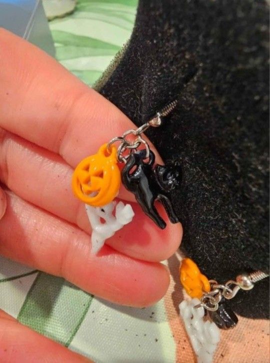 1999 Halloween Drop Earrings with White Ghost, Orange Pumpkin, Black Cat | Vintage Avon Pierced Earrings