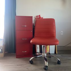 MUST GO BY SUN 5/19 Red orange cushioned vegan leather swivel wheel office chair minimalist