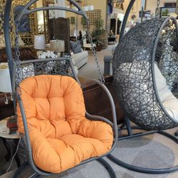 Outdoor Patio Wood Swing Chair Orange Fabric Cushion