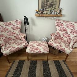 Pair Of Vintage Wingback Armchair With Ottoman