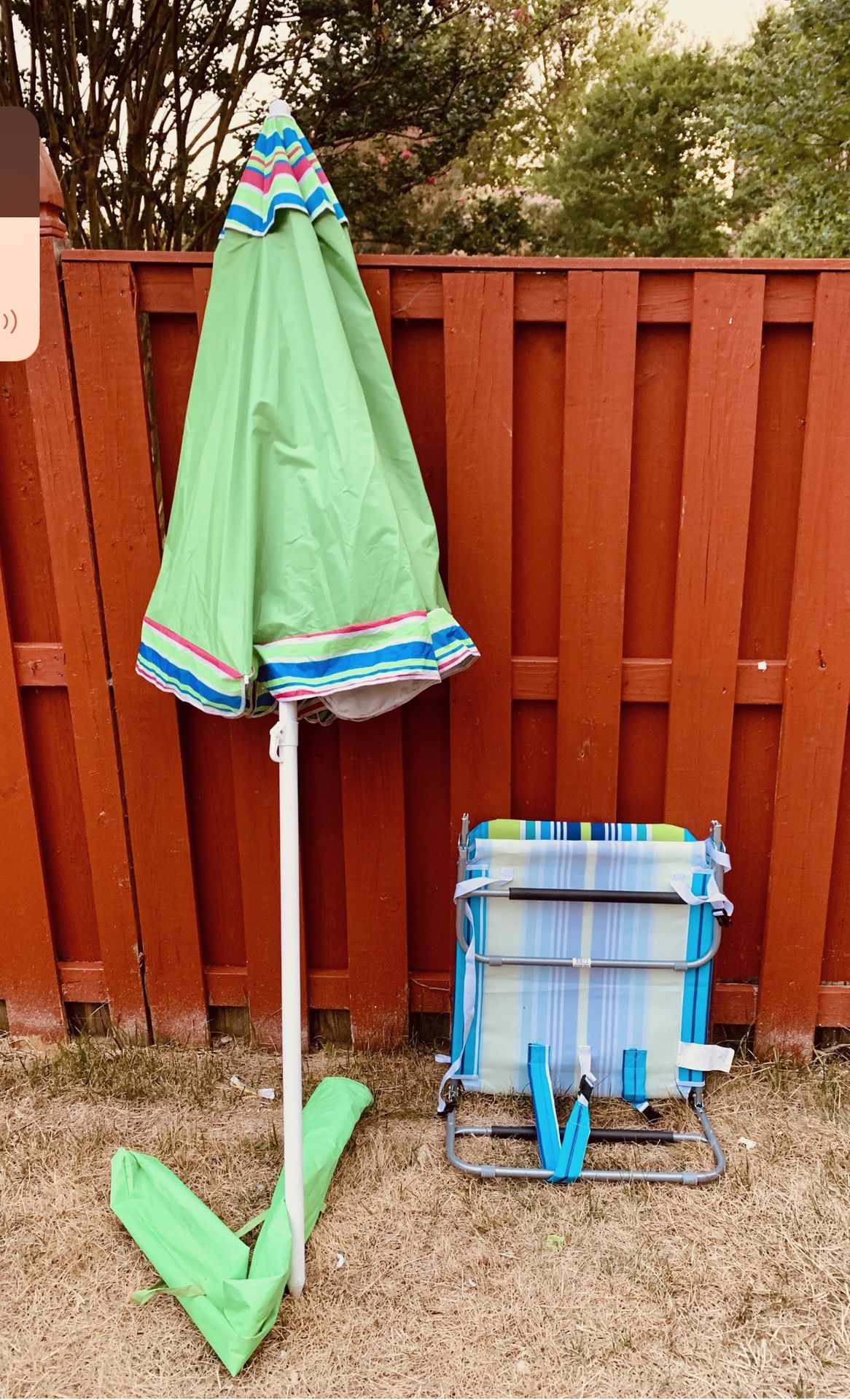 Brand new! Never used. Beach Portable Folding Backpack Beach Lounge with two umbrellas, one full seized and second one is Medium.