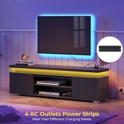 Tv Stand With LED lights And Outlets Black [NEW]