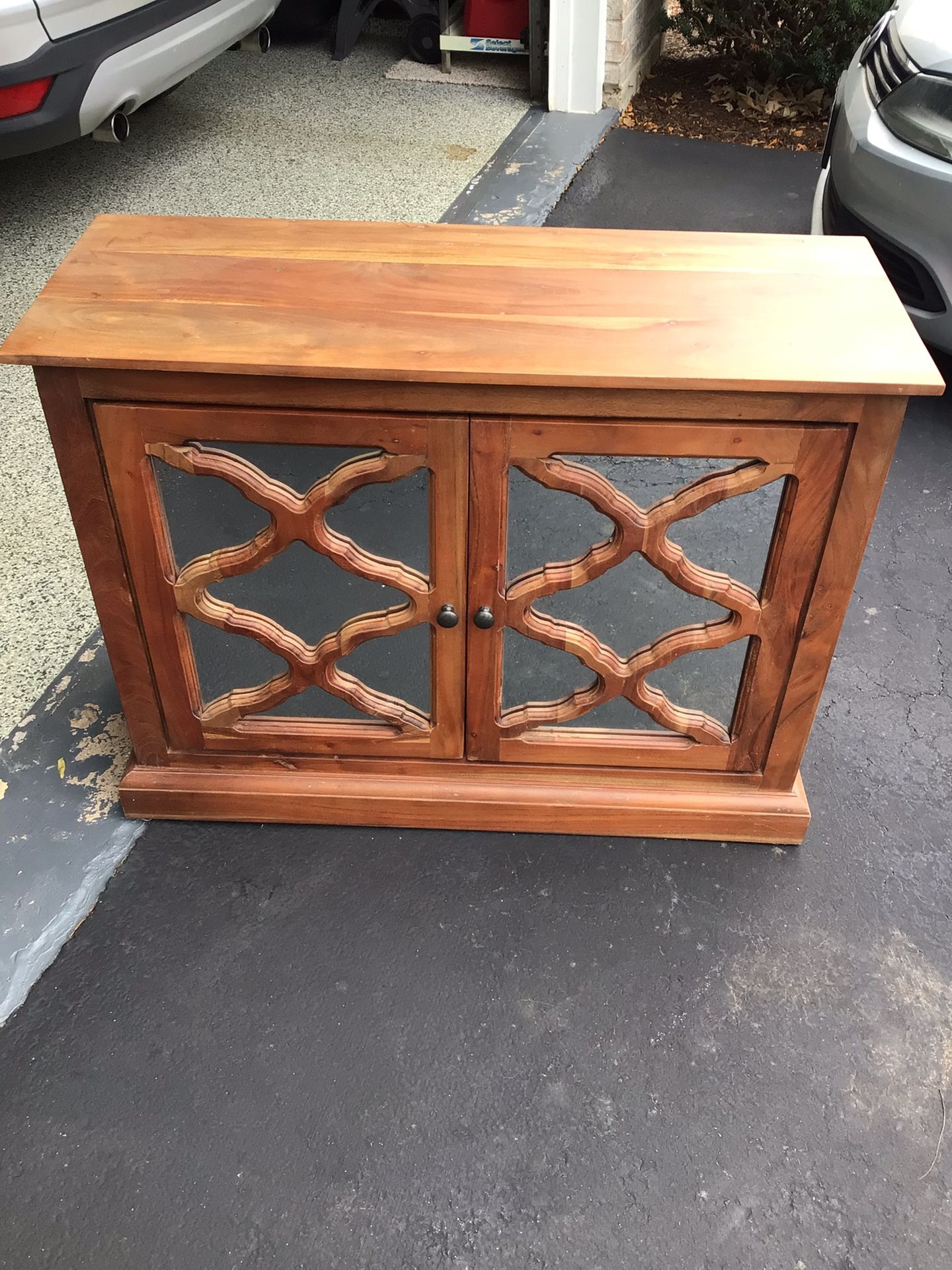 Two-Door Oak Cabinet Mirrored Front 41” Length, 31” Height, 16” Depth Very Heavy EUC!