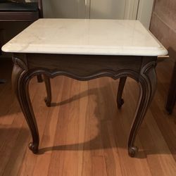 Vintage Queen Anne Square Marble Top Wooden Clawfoot Side Table, Lamp Stand