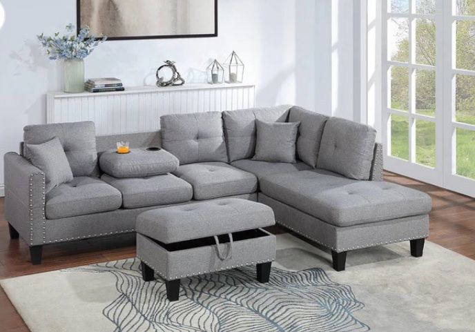 Sectional Sofa Right or Left facing Storage Ottoman Accent Pillows Nailhead Trim Cup Holders 6x8
