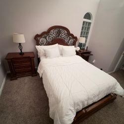 Matching Bedroom Set: Wood Bed Frame + 2 Nightstands (Great Condition)