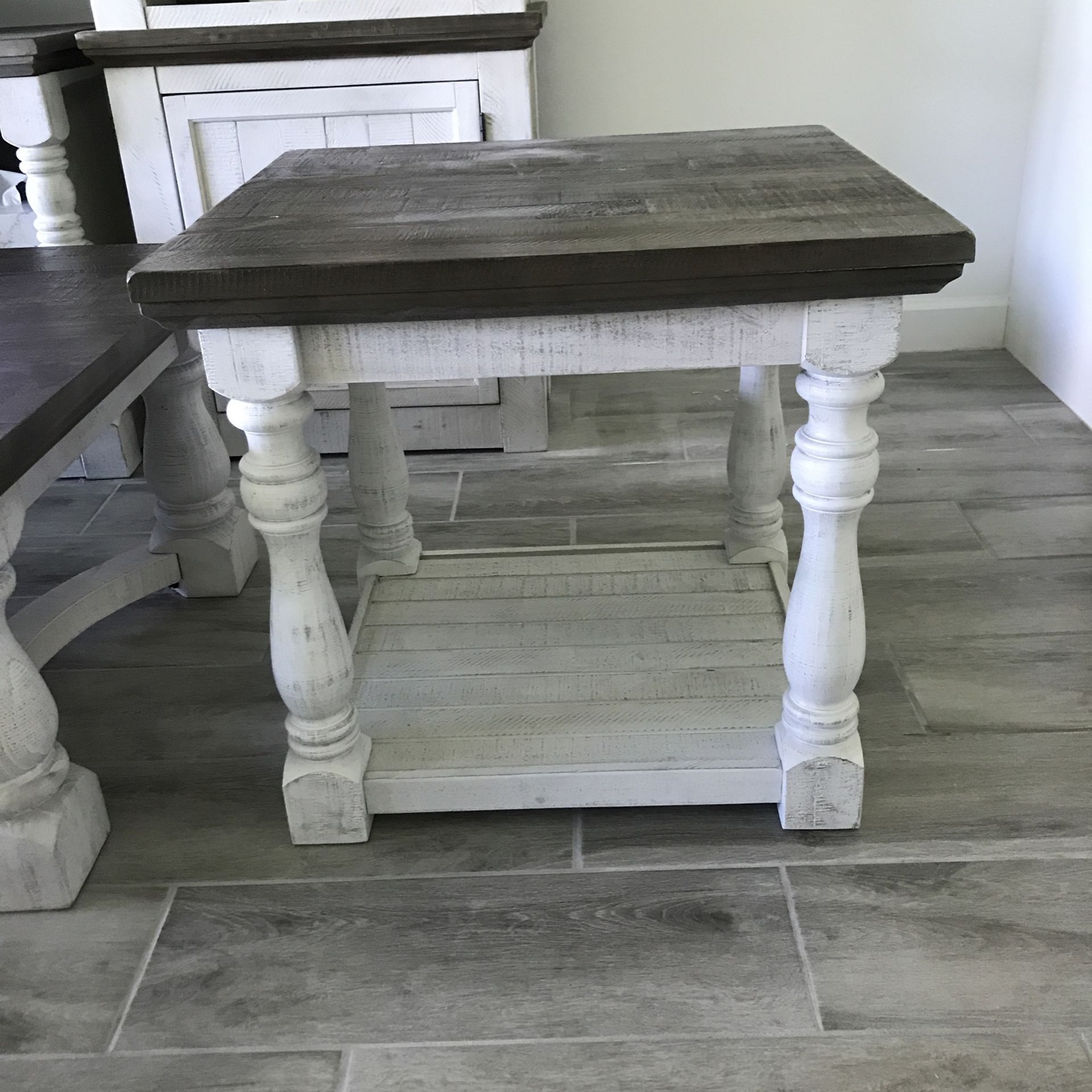 farmhouse two end tables light gray with dark gray tops Allwood