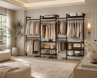 Clothing Rack, Closet Organizer System with 6 Hanging Clothes Rods ( 4 Expandable Rods) & 8 Shelves, Heavy Duty Corner Garment Rack, Large Wardrobe - 