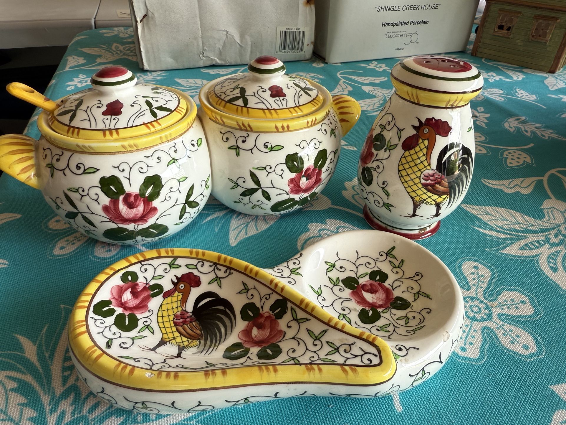 Vintage Early Provincial PY Ucagco Made in Japan Kitchenwaref (Jelly Jar, Spoon Rest, Salt Shaker)