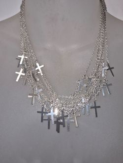 Lot of 2 Y2K Gothic Grunge Cross Necklaces Corded w Pendant & Multi-Strand Silvertone Cross Stmt Bib