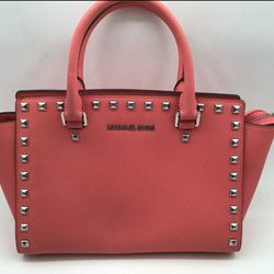 Michael Kors MK Pink/Coral Selma Studded Leather Hand Bag Purse Satchel