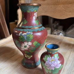 Vintage Cloisonné Peony Flower Vases 