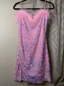 Pink Sequin Mini Dress with Feather Trim