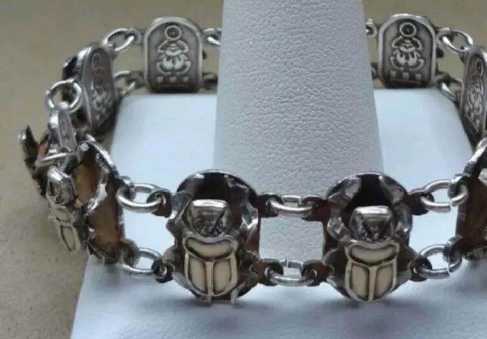 Scarab Sterling Silver Vintage 1950s 7 Inch Bracelet
