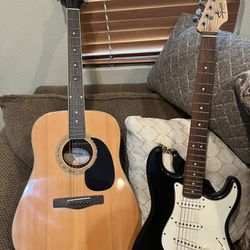 Squier Strat And Mitchell Acoustic Guitars 