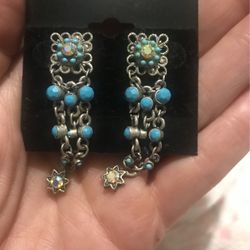 Antique Silvertone Faux Turquoise Dangle Earrings