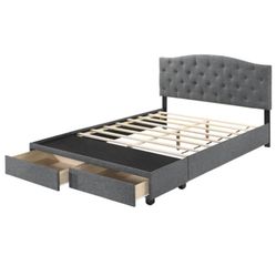 Gray Upholstered Platform Bed Frame With Drawers