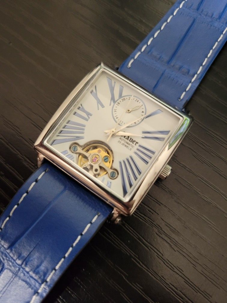 🔥RARE Stauer STT028-BLU Automatic Open Heart Men's Leather Tank Watch