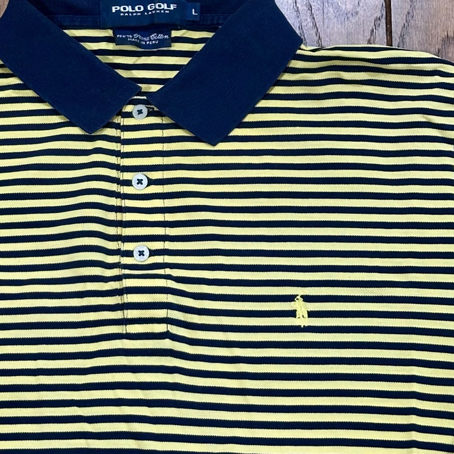 💛 Navy Blue Yellow PONY Men’s LARGE Ralph Lauren POLO Short Sleeve Collared Collar Button Dress Work Shirt L