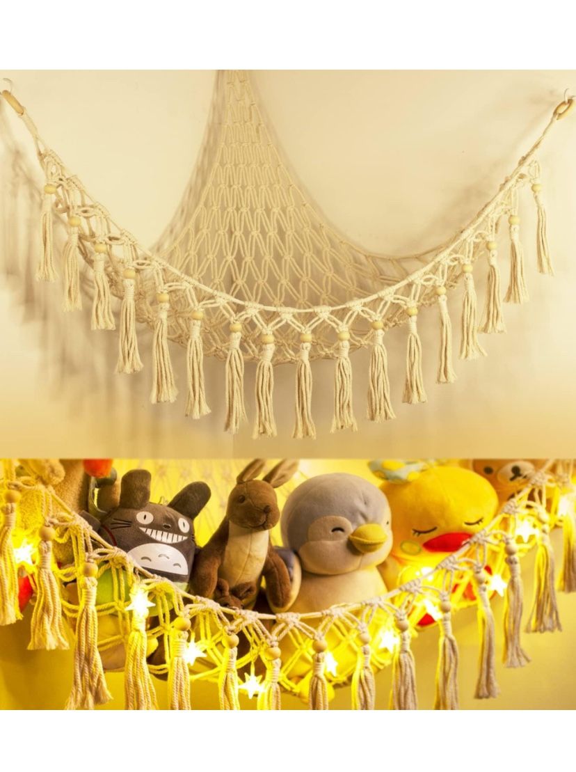 Stuffed Animal Toy Storage Hammock with LED Light - Macrame Jumbo Doll Corner Stuff Animals Organizer Decorations - Cute Hanging Plushie Net Kids Baby