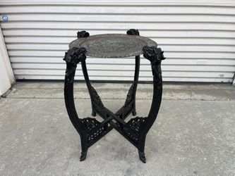 Antique Asian carving Folding Table w/Old Persian Silver on Brass Tray Top