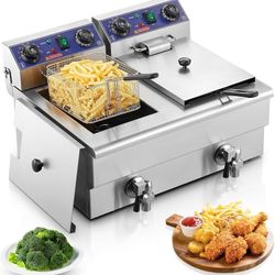  Commercial Deep Fryer with Basket and Lid, 23.3Qt/22L Electric Deep Fryer with Oil Filtration, Time & Temp Control, 3000W Stainless Steel Deep Fryer