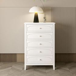 White Contemporary Roman Style, Solid Wood 5 Drawers Chest