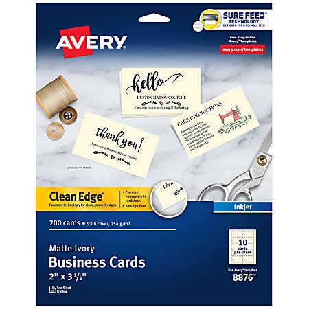 Avery® Clean Edge® Printable Business Cards With Sure Feed® Technology For Inkjet Printers, 2" x 3.5", Ivory, 200 Blank Cards - Retail $34