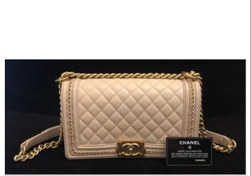 CHANEL BOY Beige Calfskin Leather Medium Bag