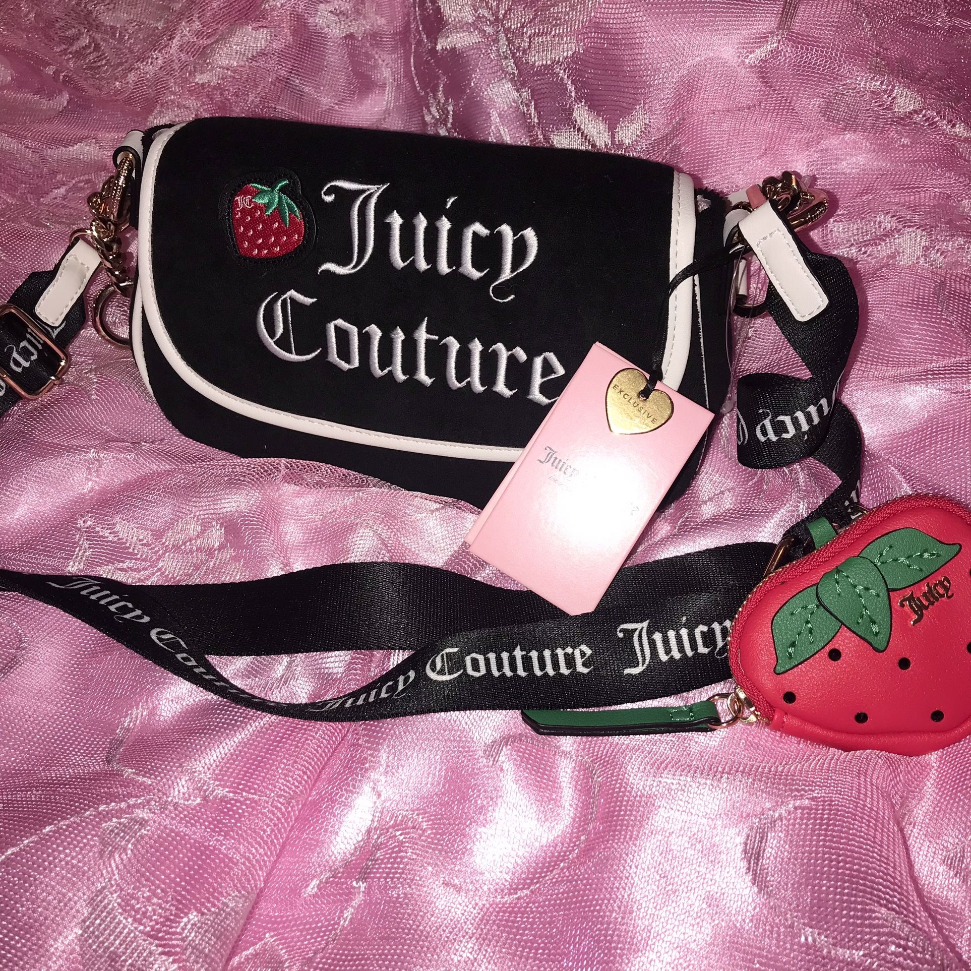 JUICY COUTURE Black Terry Cloth Strawberry Flap Shoulder Bag