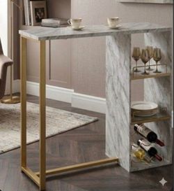 Gold And Faux White Marble Bar Table With Wine Rack