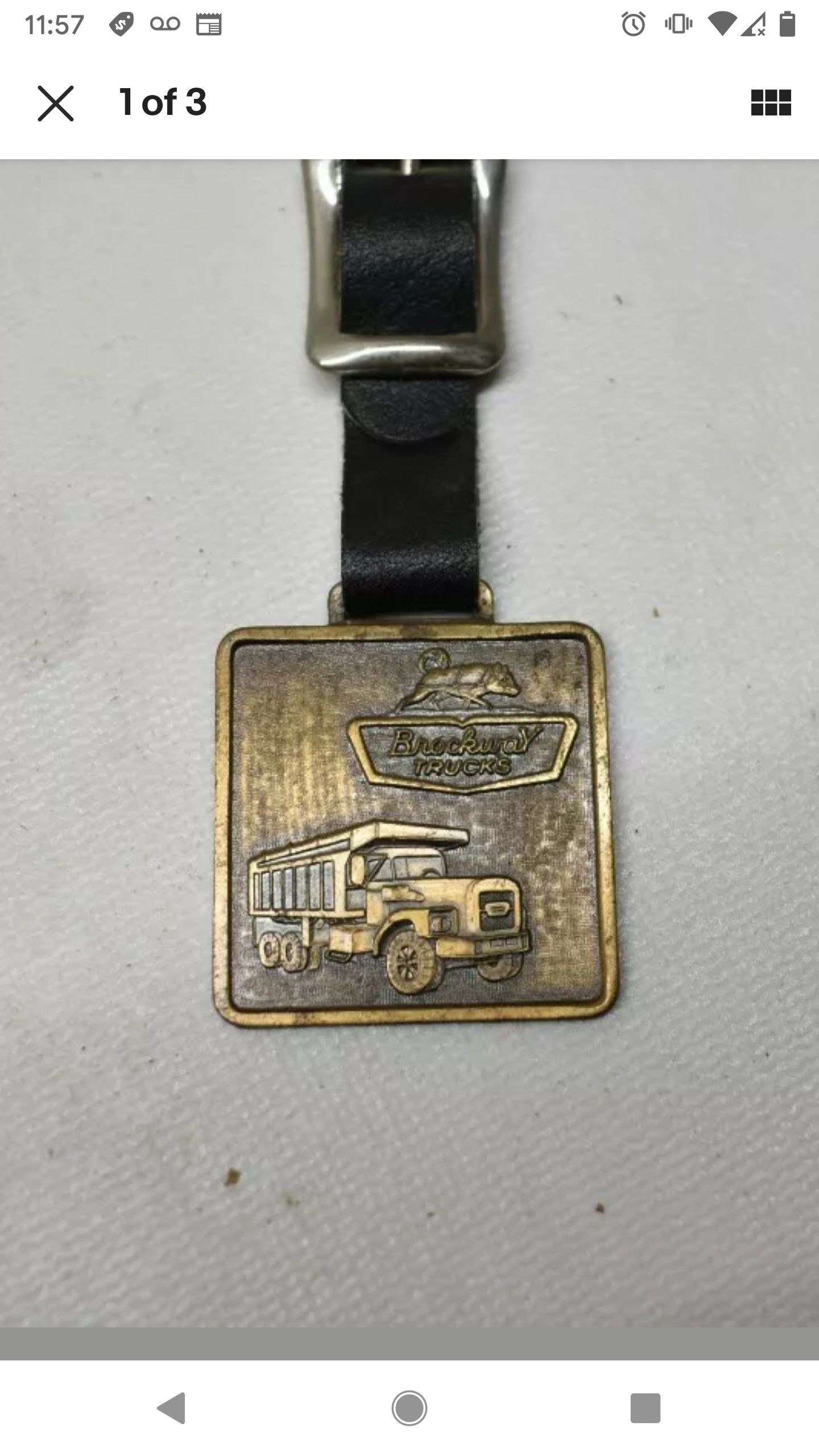 Nice Vintage Brass Enamel Brockway Truck Gold Watch Fob & Leather Strap Huskie 2