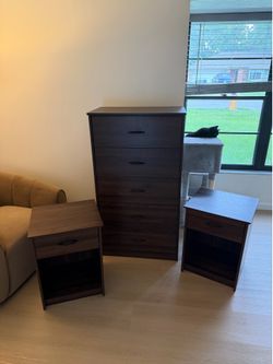 Tall Brown 5-Drawer Dresser + 2 Matching Nightstands Set