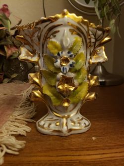 Antique Victorian Encrusted Floral Spill Vase - Hand-Painted Gold Gilt - c. 1880