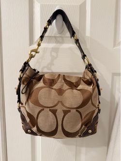 Vintage Authentic Coach Signature Soho Hobo Shoulder Bag, Brown Khaki Canvas Leather, style 12871.