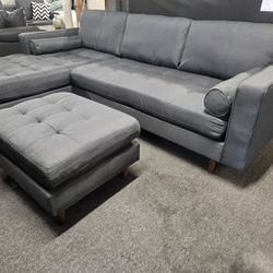 Brand New 102" × 75" Dark Or Light Gray Reversible Sectional With Deep Cushions + Ottoman