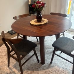 Mid-Century Modern Solid Wood Round Dining Table + Chairs