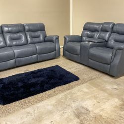 New Blue  Leather Dual Power Recliner Sofa And Loveseat