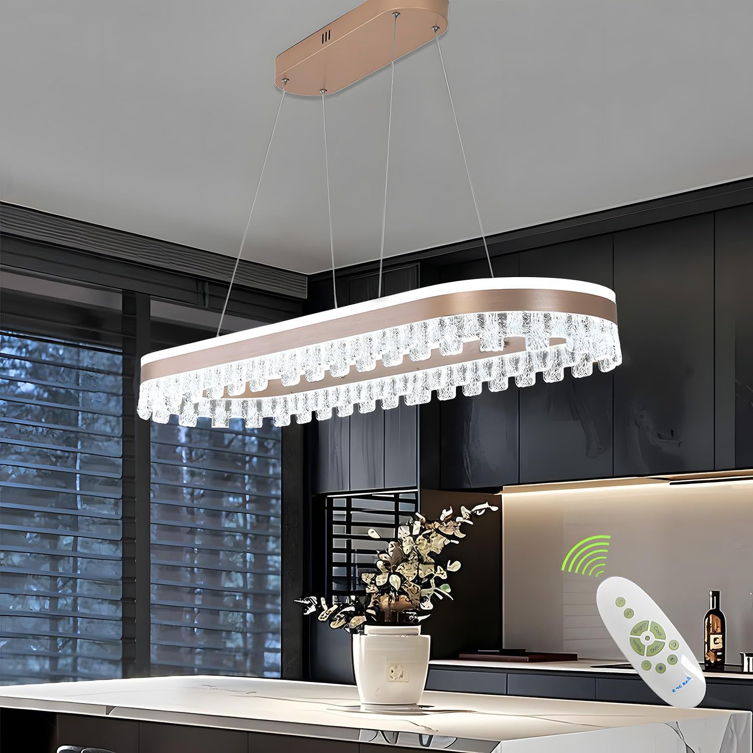 Modern Chandelier for Dining Room,Gold Led Crystal Chandelier Light Fixture Dimmable Pendant Light for Kitchen Island Lighting 3000K-6500K with Remote