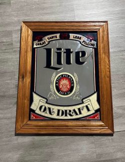 Vintage Miller Lite Mirror Bar Sign Wood Frame